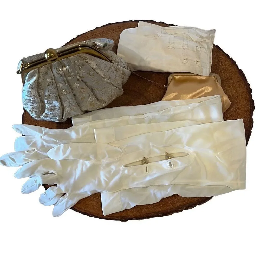 RARE Vintage MM Gold Tone Evening Bag Purse & Long Gloves